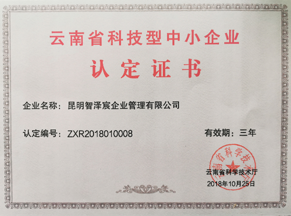 云南省科技型中小企業證書